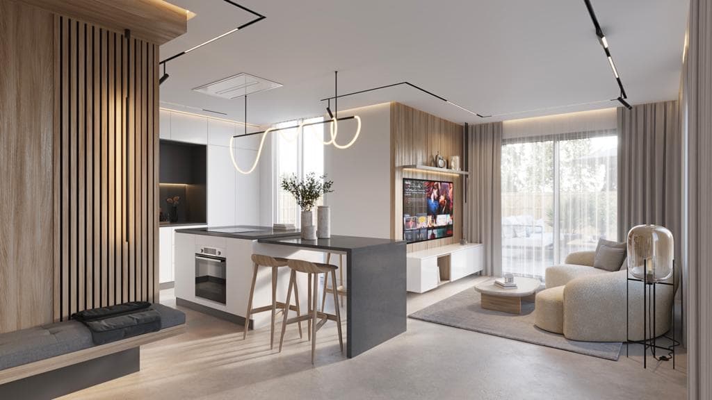 Wood-Slat Residence — Open-plan reconfiguration, MEP, joinery