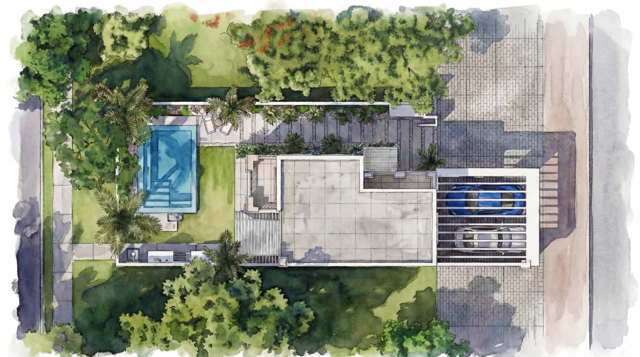 Site Plan — Garden Residence — Landscape masterplan, hardscape, pool design